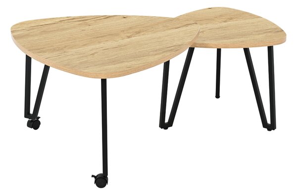 Set designových konferenčních stolků METRA, dekor dub, 63 × 63 × 38 cm, s kovovými nožkami na kolečkách