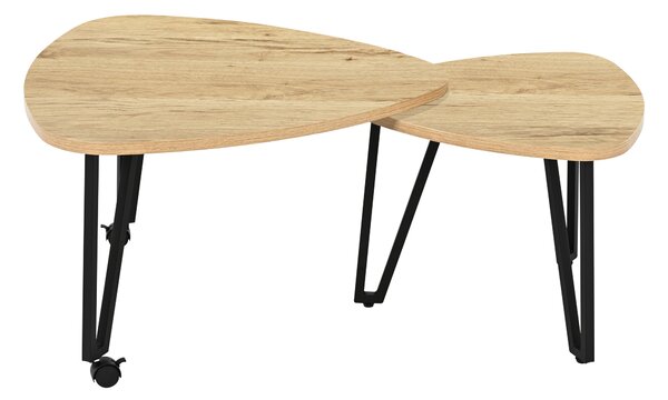 Set designových konferenčních stolků METRA, dekor dub, 63 × 63 × 38 cm, s kovovými nožkami na kolečkách