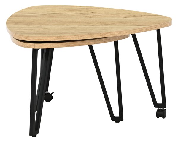 Set designových konferenčních stolků METRA, dekor dub, 63 × 63 × 38 cm, s kovovými nožkami na kolečkách