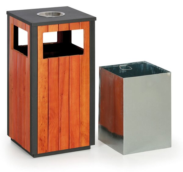 Venkovní odpadkový koš s popelníkem, 380 x 380 x 755 mm, černá / dezén dřeva