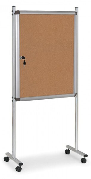 Vnitřní vitrína na stojanu, 720 x 980 mm, korková, jednostranná, s kolečky