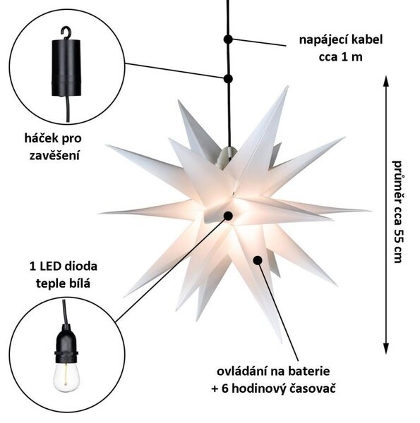 Vánoční dekorace, hvězda s časovačem 1 LED, 55 cm, bílá