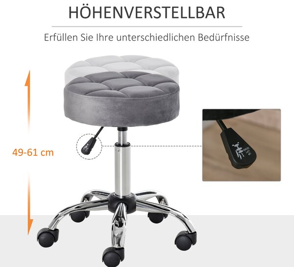 HOMCOM Křeslo do salonu s kolečky, otočný stolička s výškovým nastavením, sametový dotek, pěnový chromový základ, světle šedá 35 x 35 x 49-61 cm | Aos