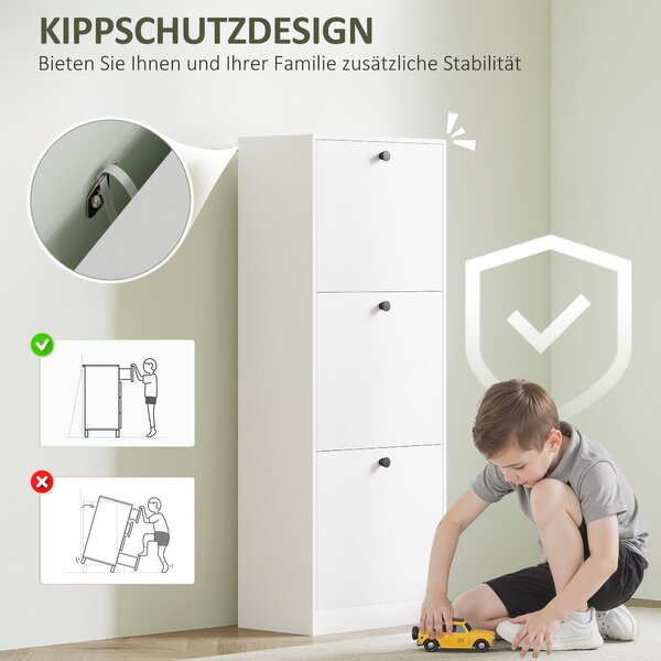 HOMCOM Botník se 3 Zásuvkami, Botník s Nastavitelnými Přihrádkami, Úzký Botník pro 12 Párů Bot 47 x 26 x 120 cm, Bílý | Aosom