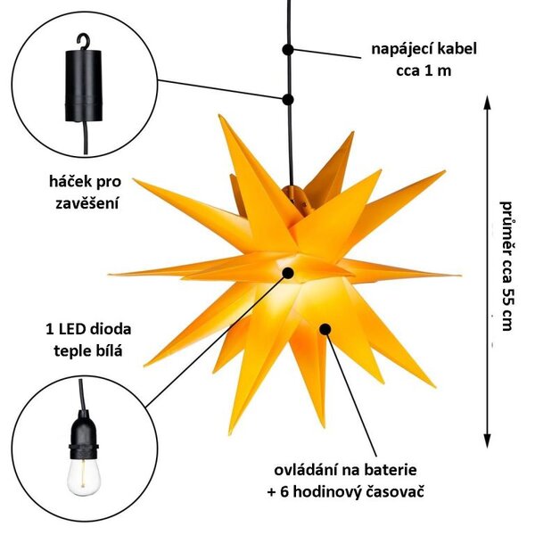 Vánoční dekorace, hvězda s časovačem 1 LED, 55 cm, žlutá