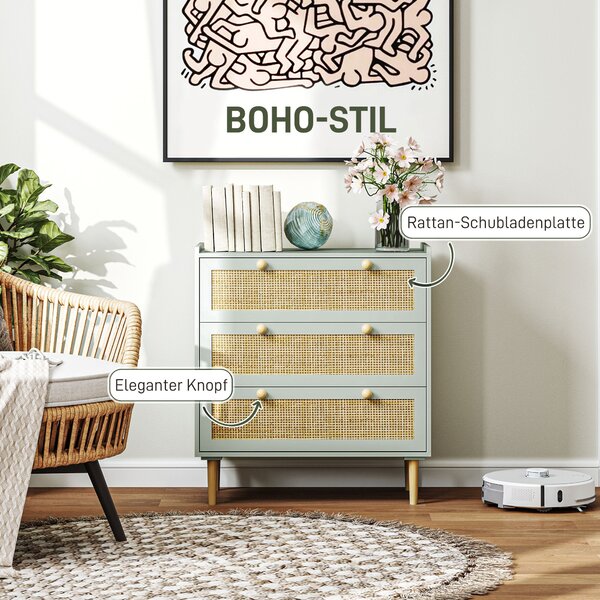 HOMCOM Komoda se třemi šuplíky a pracovní deskou v boho stylu pro obývací pokoj, ložnici a chodbu 80 x 40 x 87,5 cm Zelená | Aosom
