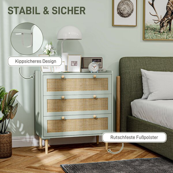 HOMCOM Komoda se třemi šuplíky a pracovní deskou v boho stylu pro obývací pokoj, ložnici a chodbu 80 x 40 x 87,5 cm Zelená | Aosom