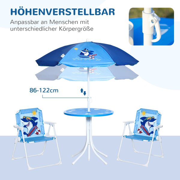 Outsunny 4dílná dětská zahradní sestava - stůl, 2 skládací židle a slunečník pro děti ve věku 3-6 let, modrá | Aosom