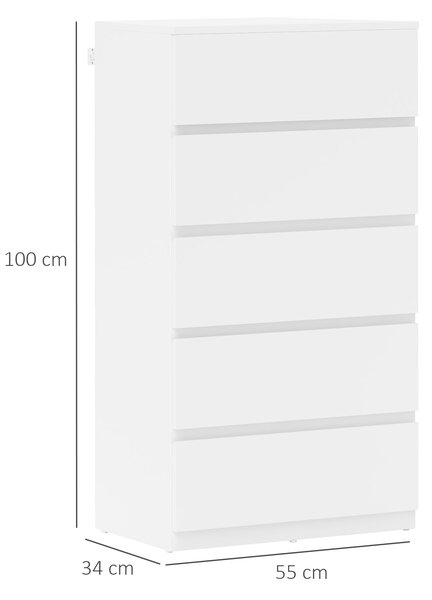 HOMCOM Komoda s 5 Zásuvkami, Moderní Skříň na Oblečení pro Obývací Pokoj, Ložnici a Chodbu, Bílá, 55 x 34 x 100 cm | Aosom