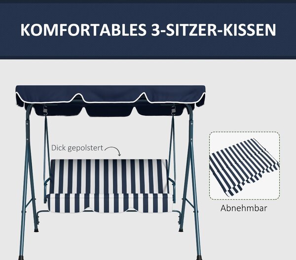 Outsunny Hollywood houpačka pro 3 osoby s nastavitelnou střechou, voděodolná houpačka do zahrady, nosnost až 240 kg, pro zahradu, balkon, síť, modrá |