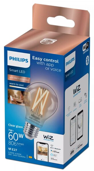 WiZ Smart LED Žárovka Filament čirá 7 W (ekv. 60 W) 806lm 2700-6500K A60 E27