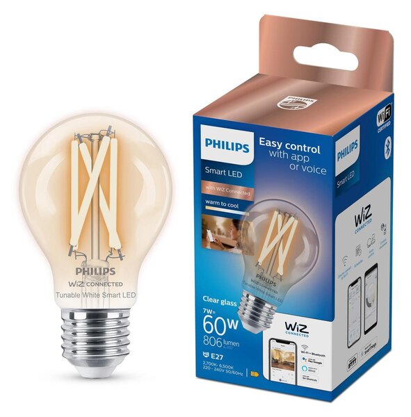 WiZ Smart LED Žárovka Filament čirá 7 W (ekv. 60 W) 806lm 2700-6500K A60 E27
