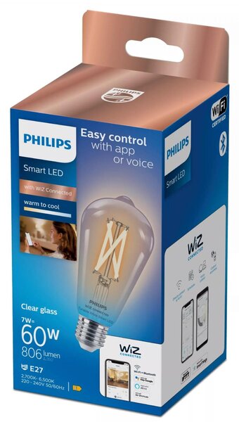 WiZ Smart LED Žárovka Filament čirá 7 W (ekv. 60 W) 806lm 2700-6500K ST64 E27
