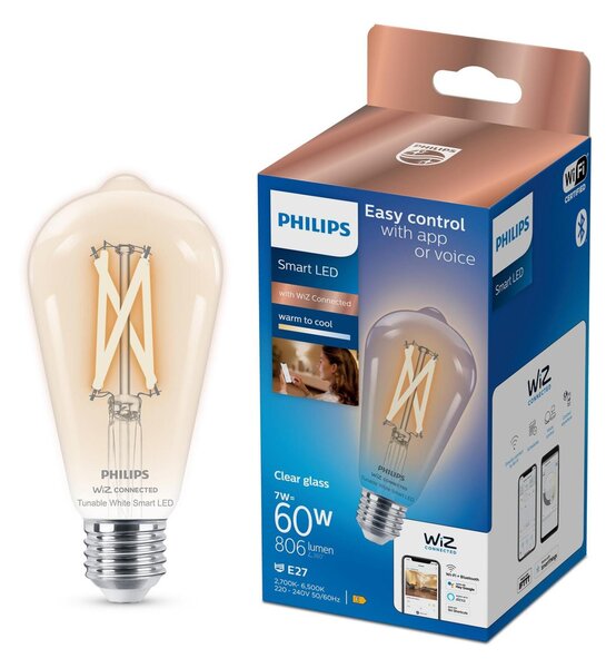 WiZ Smart LED Žárovka Filament čirá 7 W (ekv. 60 W) 806lm 2700-6500K ST64 E27