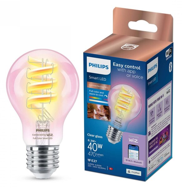 WiZ Smart LED Žárovka s tradičním vzhledem, čirá, 40 W 470lm 2200-6500K (RGB) A60 E27