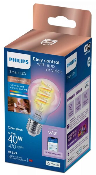 WiZ Smart LED Žárovka s tradičním vzhledem, čirá, 40 W 470lm 2200-6500K (RGB) A60 E27