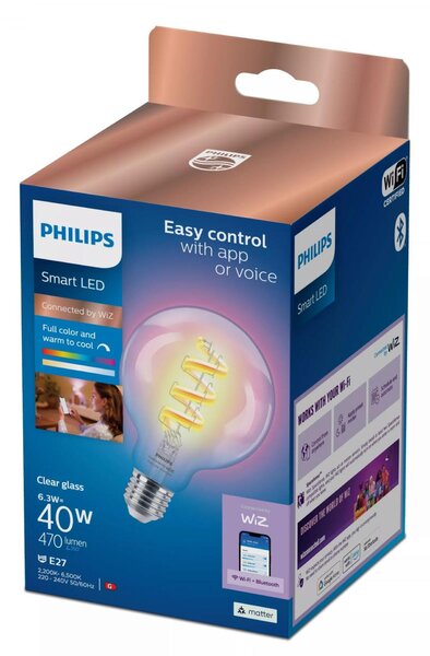 WiZ Smart LED Žárovka s tradičním vzhledem, čirá, 40 W 470lm 2200-6500K (RGB) G95 E27