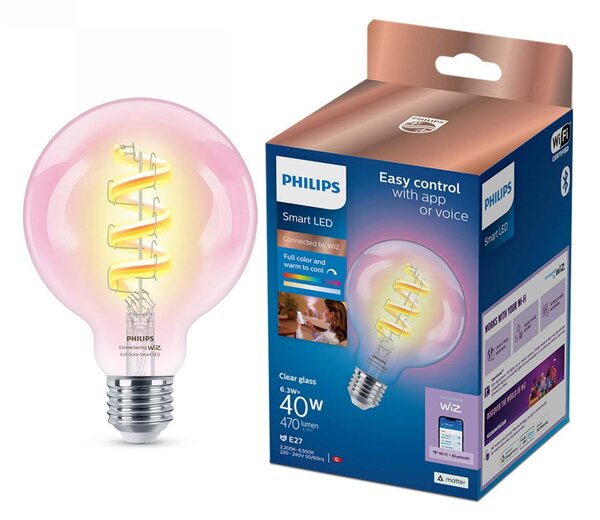 WiZ Smart LED Žárovka s tradičním vzhledem, čirá, 40 W 470lm 2200-6500K (RGB) G95 E27