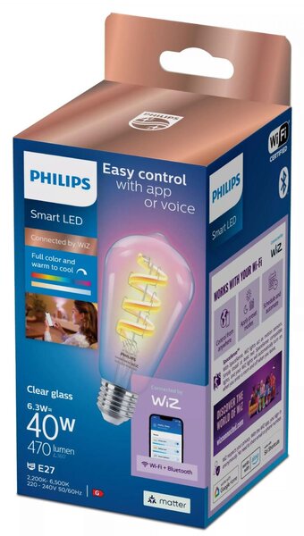 WiZ Smart LED Žárovka s tradičním vzhledem, čirá, 40 W 470lm 2200-6500K (RGB) ST64 E27