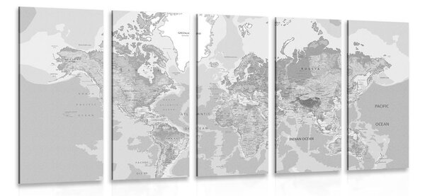 5-dílný obraz klasická mapa světa v černobílém provedení