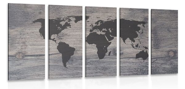 5-dílný obraz mapa světa na tmavém dřevě