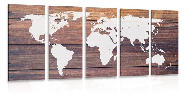 5-dílný obraz mapa světa s dřevěným pozadím