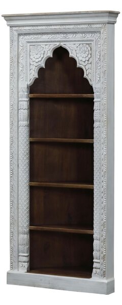 Rohová knihovna z mangového dřeva, ruční řezby, 95x55x205cm