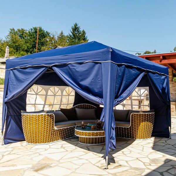 Zahradní nůžkový párty stan 3×3 m modrý s bočnicemi