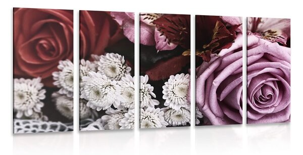 5-dílný obraz kytice růží v retro stylu