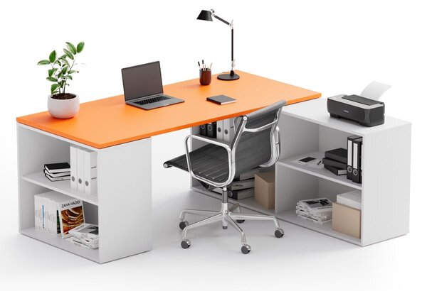 Kancelářský psací stůl s úložným prostorem BLOCK B01, 180 × 160 cm, bílá/oranžová