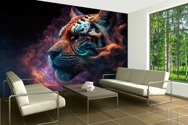 DIMEX | Vliesová fototapeta na zeď Tiger´s Head MS-5-AI-0007 | 375 x 250 cm | černá, oranžová, modrá