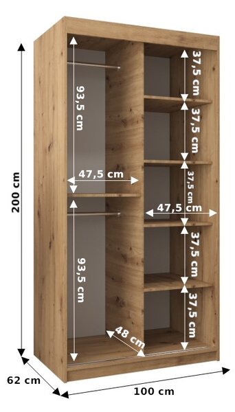 Šatní skříň se zrcadly TAMARA - šířka 100 cm, dub sonoma
