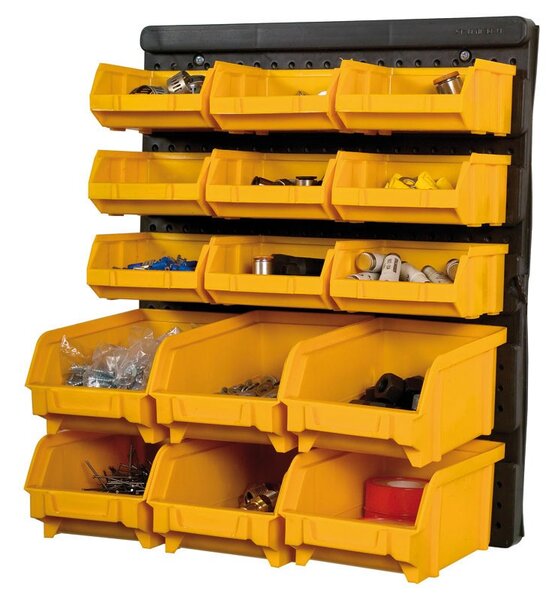 Černá plastová stěna na nářadí s boxy, 15 boxů