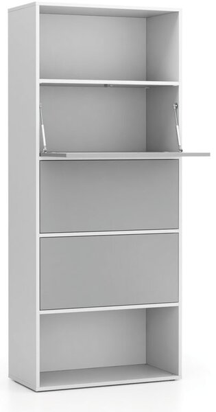 Vysoký kancelářský policový regál LAYERS, 3 boxy, 800 x 400 x 1905 mm, bílá / šedá