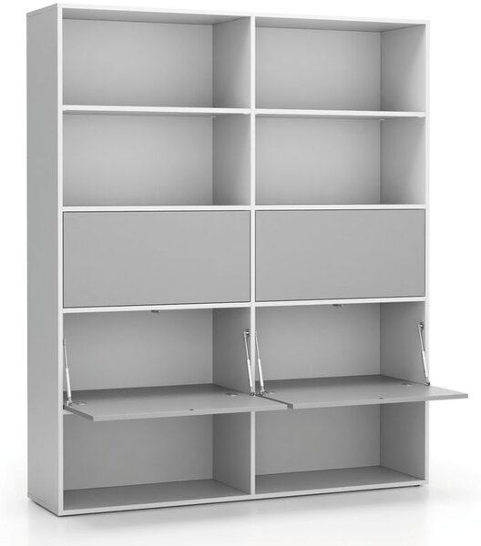 Široký kancelářský policový regál LAYERS, 4 boxy, 1582 x 400 x 1905 mm, bílá / šedá