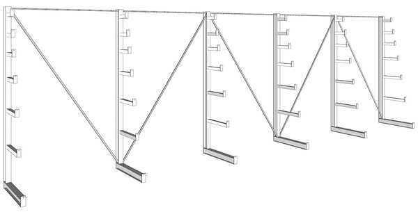 Konzolový regál stromečkový, jednostranný, 150 kg, 2000 x 6750 x 590 mm