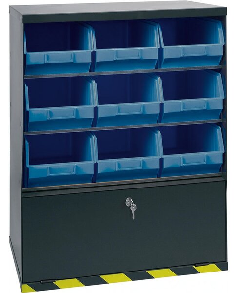 Závěsný regál s plastovými boxy BASIC a přihrádkou, 9 boxů