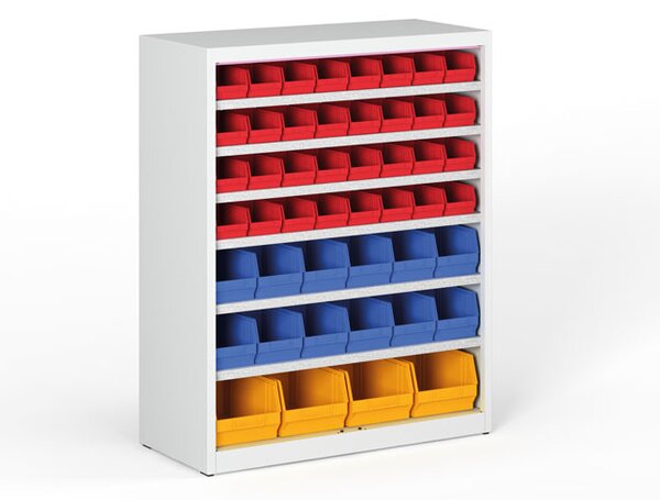 Regál s plastovými boxy BASIC se zadní stěnou - 1150 x 400 x 920 mm, 32xA, 12xB, 4xC