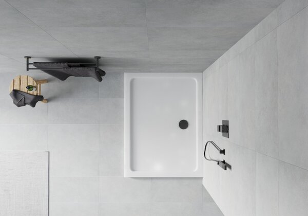 Mexen Flat slim obdélníkový sprchový kout 90 x 70 cm, bílý, černý sifon - 40107090B