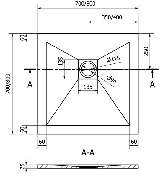 Mexen Stone+ kompozitní čtvercová sprchová vana 70 x 70 cm, Šedá-Beton - 44617070