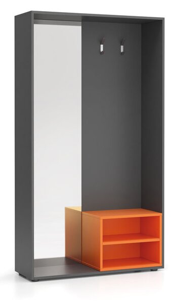 Šatní stěna BORDER s botníkem a zrcadlem, 2 háčky, grafit/oranžová