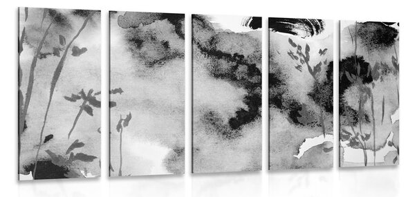 5-dílný obraz malba japonské oblohy v černobílém provedení