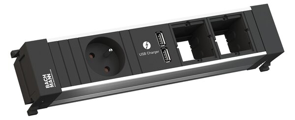 BACHMANN Zásuvková jednotka POWER FRAME 2x uživ. modul, 1x 230V, 2x USB nabíječka profil hliník 916.0628