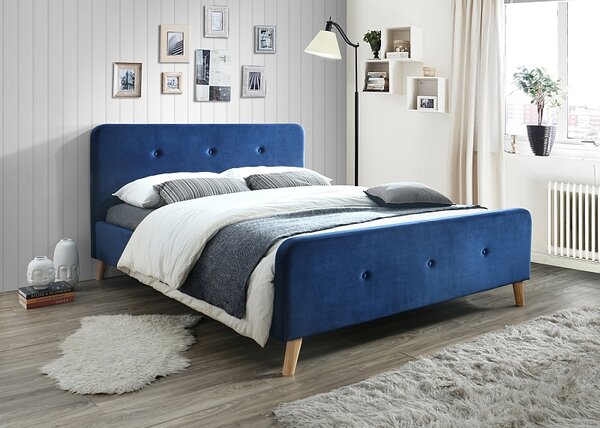 Signal Čalouněná postel MALMO VELVET 160 x 200 cm barva námořnická modrá / dub