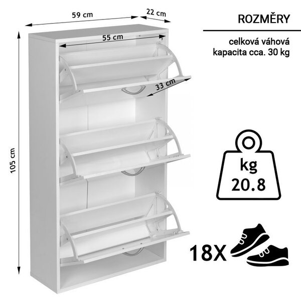 Miadomodo Výklopný botník, bílý, 59 x 105 x 22 cm