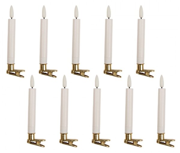 Sada 10 LED svíček na vánoční stromeček se zlatým kolíčkem – 2x14 cm