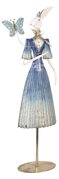 Kovová dekorace figurka bílé zaječice v modrých šatech s motýlem – 20x12x76 cm