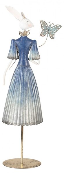 Kovová dekorace figurka bílé zaječice v modrých šatech s motýlem – 20x12x76 cm