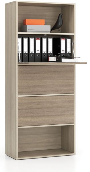 Vysoký kancelářský policový regál LAYERS, 3 boxy, 800 x 400 x 1905 mm, dub přírodní / dub mořený