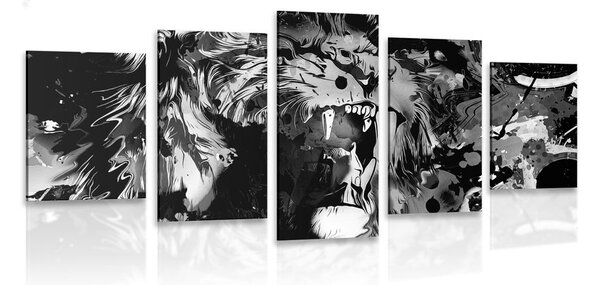 5-dílný obraz lví hlava v černobílém provedení